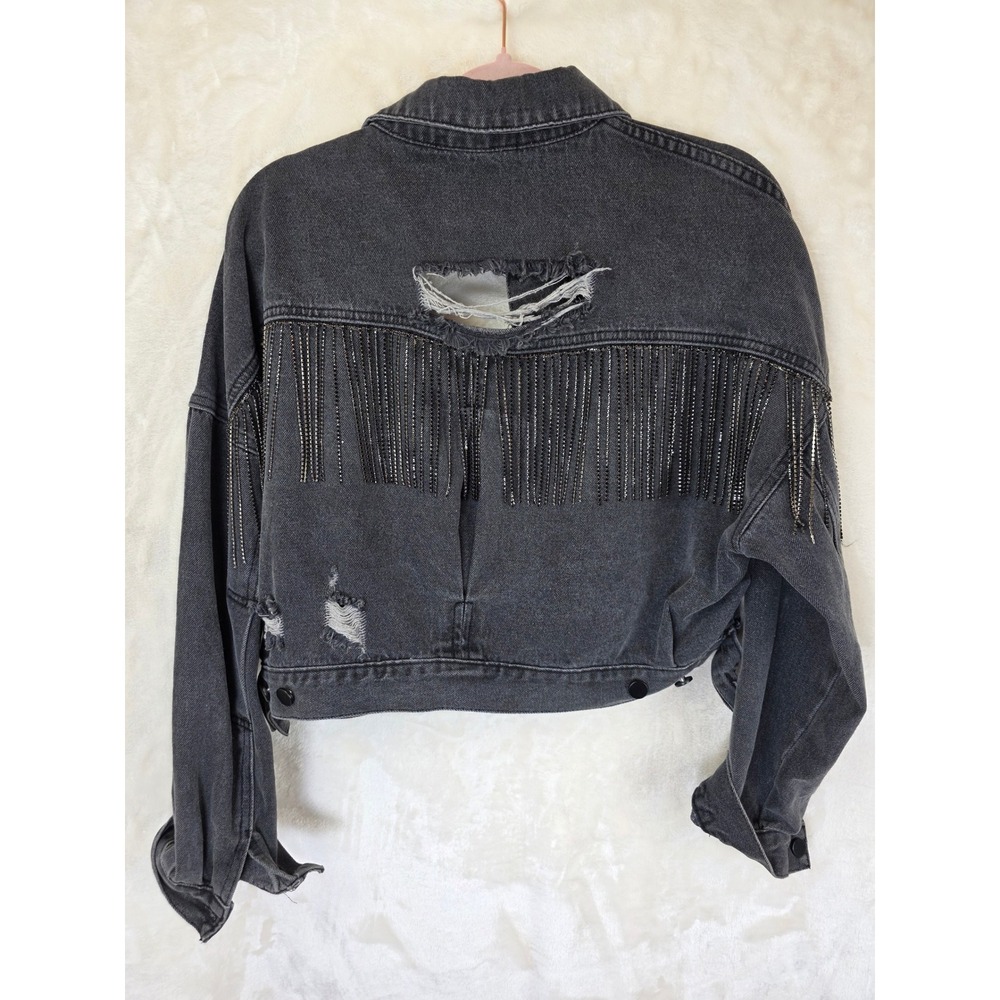 Blue B Collection Washed Black Cropped Distressed Denim Jacket Rhinestone Fringe - Picture 2 of 12